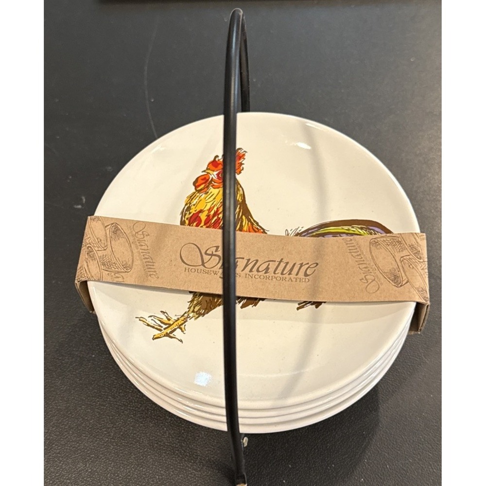 Signature Housewares Farmers Market Rooster‎ Appetizer Plates Set Of 4 Rack NEW